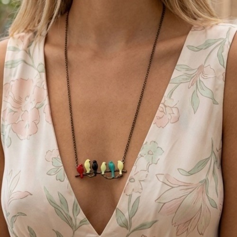 New Anthropologie Branch of Birds Necklace enamel